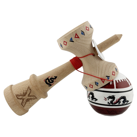 Kendama X Originala, Profesionala, Flippy, DRAGON Series, Super Sticky cu Cupe Mari King Size V3, Rulment Metalic si Gaura in Baza, din Lemn 18 cm, Ata 62/65 cm, Alb/Rosu inchis [4]