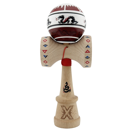 Kendama X Originala, Profesionala, Flippy, DRAGON Series, Super Sticky cu Cupe Mari King Size V3, Rulment Metalic si Gaura in Baza, din Lemn 18 cm, Ata 62/65 cm, Alb/Rosu inchis [1]