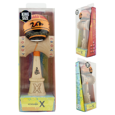 Kendama X Originala, Profesionala, Flippy, DRAGON Series, Super Sticky cu Cupe Mari King Size V3, Rulment Metalic si Gaura in Baza, din Lemn 18 cm, Ata 62/65 cm, Portocaliu/Negru [5]