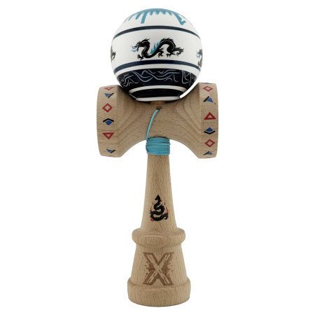 Kendama X Originala, Profesionala, Flippy, DRAGON Series, Super Sticky cu Cupe Mari King Size V3, Rulment Metalic si Gaura in Baza, din Lemn 18 cm, Ata 62/65 cm, Albastru/Negru [1]
