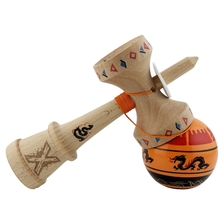 Kendama X Originala, Profesionala, Flippy, DRAGON Series, Super Sticky cu Cupe Mari King Size V3, Rulment Metalic si Gaura in Baza, din Lemn 18 cm, Ata 62/65 cm, Portocaliu/Negru [4]