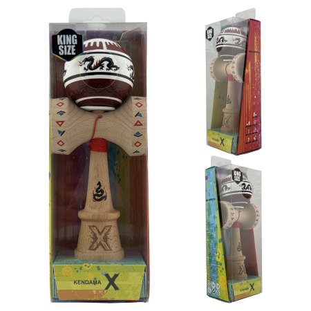 Kendama X Originala, Profesionala, Flippy, DRAGON Series, Super Sticky cu Cupe Mari King Size V3, Rulment Metalic si Gaura in Baza, din Lemn 18 cm, Ata 62/65 cm, Alb/Rosu inchis [5]