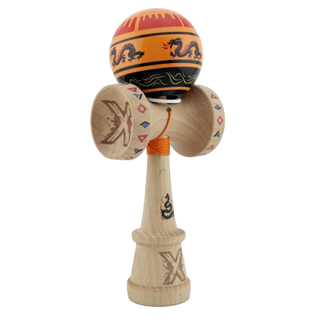 Kendama - Kendama X Originala, Profesionala, Flippy, DRAGON Series, Super Sticky cu Cupe Mari King Size V3, Rulment Metalic si Gaura in Baza, din Lemn 18 cm, Ata 62/65 cm, Portocaliu/Negru