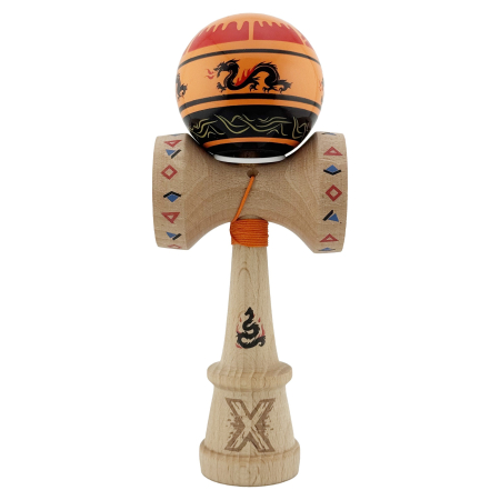 Kendama X Originala, Profesionala, Flippy, DRAGON Series, Super Sticky cu Cupe Mari King Size V3, Rulment Metalic si Gaura in Baza, din Lemn 18 cm, Ata 62/65 cm, Portocaliu/Negru [1]