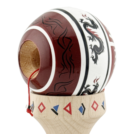 Kendama X Originala, Profesionala, Flippy, DRAGON Series, Super Sticky cu Cupe Mari King Size V3, Rulment Metalic si Gaura in Baza, din Lemn 18 cm, Ata 62/65 cm, Alb/Rosu inchis [6]