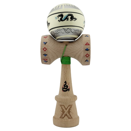 Kendama X Originala, Profesionala, Flippy, DRAGON Series, Super Sticky cu Cupe Mari King Size V3, Rulment Metalic si Gaura in Baza, din Lemn 18 cm, Ata 62/65 cm, Gri/Verde deschis [1]
