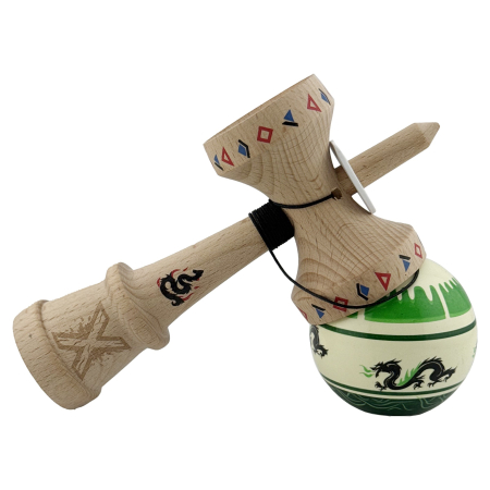 Kendama X Originala, Profesionala, Flippy, DRAGON Series, Super Sticky cu Cupe Mari King Size V3, Rulment Metalic si Gaura in Baza, din Lemn 18 cm, Ata 62/65 cm, Verde deschis/Negru [4]