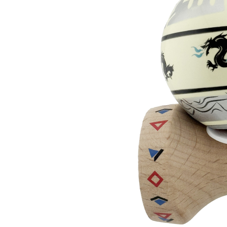 Kendama X Originala, Profesionala, Flippy, DRAGON Series, Super Sticky cu Cupe Mari King Size V3, Rulment Metalic si Gaura in Baza, din Lemn 18 cm, Ata 62/65 cm, Gri/Verde deschis [7]