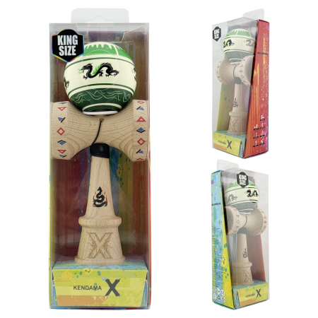 Kendama X Originala, Profesionala, Flippy, DRAGON Series, Super Sticky cu Cupe Mari King Size V3, Rulment Metalic si Gaura in Baza, din Lemn 18 cm, Ata 62/65 cm, Verde deschis/Negru [5]