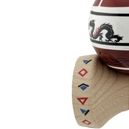 Kendama X Originala, Profesionala, Flippy, DRAGON Series, Super Sticky cu Cupe Mari King Size V3, Rulment Metalic si Gaura in Baza, din Lemn 18 cm, Ata 62/65 cm, Alb/Rosu inchis [7]