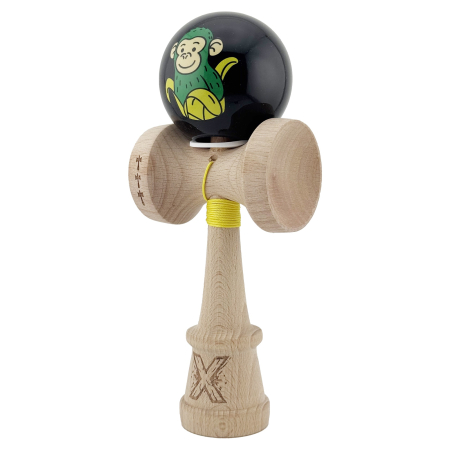 Kendama X Originala, Profesionala, Flippy, Green Monkey, Super Sticky cu Cupe Mari King Size V3, Rulment Metalic si Gaura in Baza, din Lemn 18 cm, Ata 62/65 cm, Negru [2]