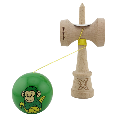 Kendama X Originala, Profesionala, Flippy, Green Monkey, Super Sticky cu Cupe Mari King Size V3, Rulment Metalic si Gaura in Baza, din Lemn 18 cm, Ata 62/65 cm, Verde [3]