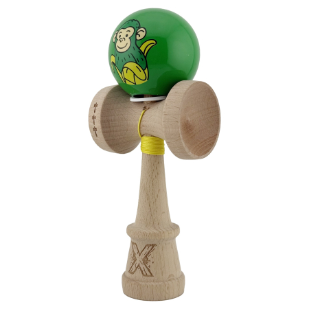 Kendama X Originala, Profesionala, Flippy, Green Monkey, Super Sticky cu Cupe Mari King Size V3, Rulment Metalic si Gaura in Baza, din Lemn 18 cm, Ata 62/65 cm, Verde [2]
