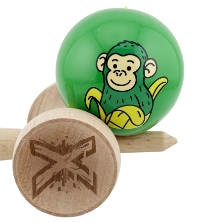 Kendama X Originala, Profesionala, Flippy, Green Monkey, Super Sticky cu Cupe Mari King Size V3, Rulment Metalic si Gaura in Baza, din Lemn 18 cm, Ata 62/65 cm, Verde [8]