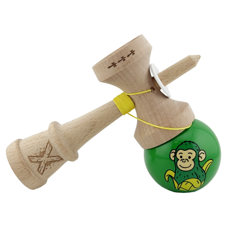 Kendama X Originala, Profesionala, Flippy, Green Monkey, Super Sticky cu Cupe Mari King Size V3, Rulment Metalic si Gaura in Baza, din Lemn 18 cm, Ata 62/65 cm, Verde [4]