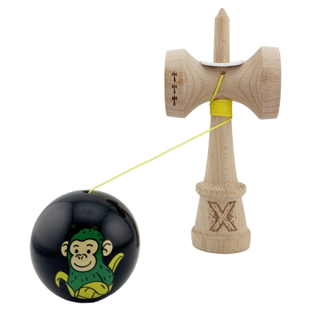 Kendama X Originala, Profesionala, Flippy, Green Monkey, Super Sticky cu Cupe Mari King Size V3, Rulment Metalic si Gaura in Baza, din Lemn 18 cm, Ata 62/65 cm, Negru [3]