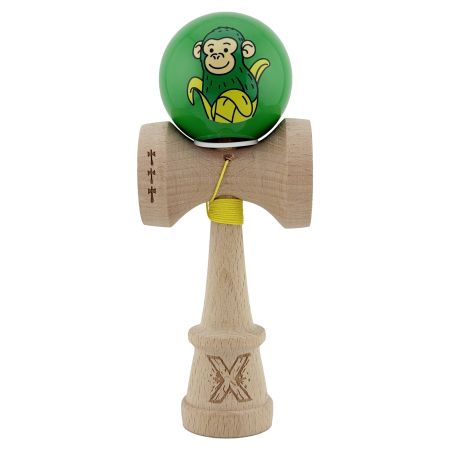 Kendama X Originala, Profesionala, Flippy, Green Monkey, Super Sticky cu Cupe Mari King Size V3, Rulment Metalic si Gaura in Baza, din Lemn 18 cm, Ata 62/65 cm, Verde [1]