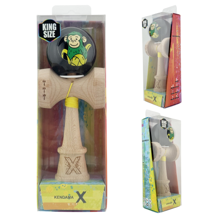 Kendama X Originala, Profesionala, Flippy, Green Monkey, Super Sticky cu Cupe Mari King Size V3, Rulment Metalic si Gaura in Baza, din Lemn 18 cm, Ata 62/65 cm, Negru [5]