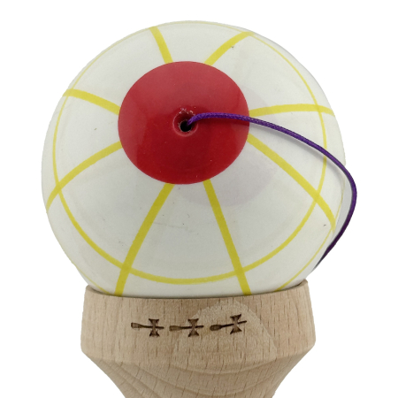 Kendama X Originala, Profesionala, Flippy, Legendary Glob, Cupe Mari KING SIZE V3, Super Sticky, Gaura in Baza, Rulment Metalic, din lemn 18 cm, Ata 62/65 cm, Alb/Galben/Rosu [8]