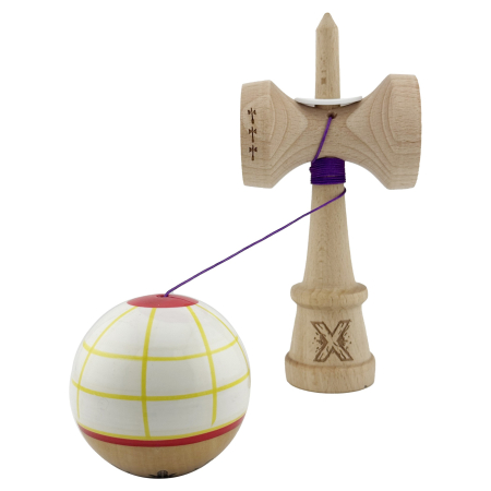 Kendama X Originala, Profesionala, Flippy, Legendary Glob, Cupe Mari KING SIZE V3, Super Sticky, Gaura in Baza, Rulment Metalic, din lemn 18 cm, Ata 62/65 cm, Alb/Galben/Rosu [3]