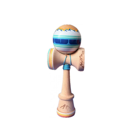 Kendama - Kendama X Originala, Profesionala, Flippy, MOUNTAINS, Model Anti Skid cu Cupe Mari KING SIZE V3, Gaura in Baza, Rulment Metalic, din lemn 18 cm, Ata 62/65 cm, Albastru Multicolor