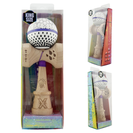 Kendama X Originala, Profesionala, Flippy, RAINDROPS, Super Sticky cu Cupe Mari KING SIZE V3, Gaura in Baza, Rulment Metalic, din lemn 18 cm, Ata 62/65 cm, Alb/Albastru [5]