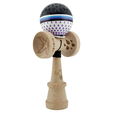 Kendama - Kendama X Originala, Profesionala, Flippy, RAINDROPS, Super Sticky cu Cupe Mari KING SIZE V3, Gaura in Baza, Rulment Metalic, din lemn 18 cm, Ata 62/65 cm, Alb/Negru/Mov