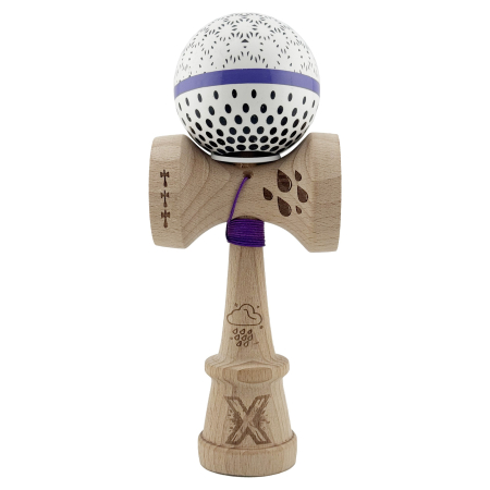 Kendama X Originala, Profesionala, Flippy, RAINDROPS, Super Sticky cu Cupe Mari KING SIZE V3, Gaura in Baza, Rulment Metalic, din lemn 18 cm, Ata 62/65 cm, Alb/Albastru [1]