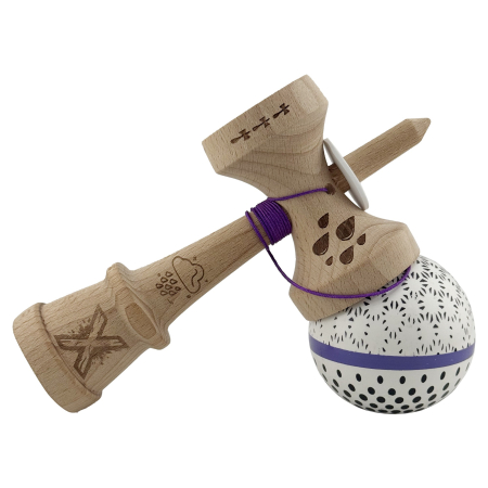 Kendama X Originala, Profesionala, Flippy, RAINDROPS, Super Sticky cu Cupe Mari KING SIZE V3, Gaura in Baza, Rulment Metalic, din lemn 18 cm, Ata 62/65 cm, Alb/Albastru [4]