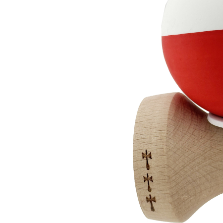 Kendama X Originala, Profesionala, Flippy, Rubber Grip, Cupe Mari KING SIZE V3, Gaura in Baza, Rulment Metalic, din lemn 18 cm, Ata 62/65 cm, Bicolor Alb/Rosu [7]