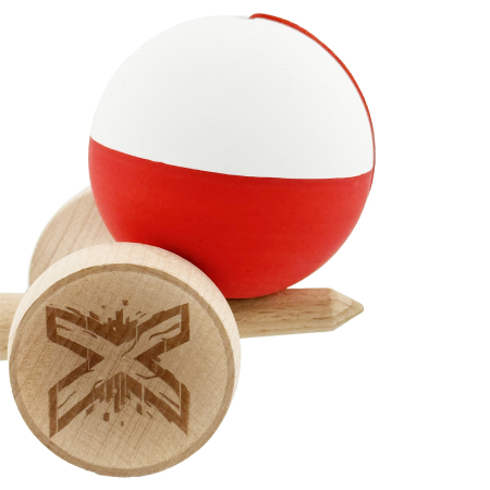 Kendama X Originala, Profesionala, Flippy, Rubber Grip, Cupe Mari KING SIZE V3, Gaura in Baza, Rulment Metalic, din lemn 18 cm, Ata 62/65 cm, Bicolor Alb/Rosu [8]