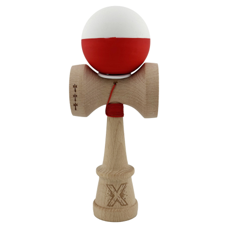 Kendama X Originala, Profesionala, Flippy, Rubber Grip, Cupe Mari KING SIZE V3, Gaura in Baza, Rulment Metalic, din lemn 18 cm, Ata 62/65 cm, Bicolor Alb/Rosu [1]