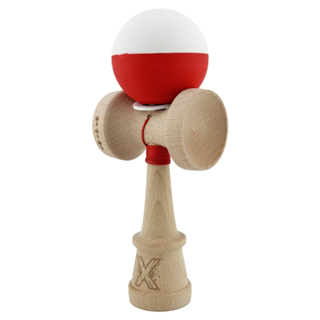 Kendama X Originala, Profesionala, Flippy, Rubber Grip, Cupe Mari KING SIZE V3, Gaura in Baza, Rulment Metalic, din lemn 18 cm, Ata 62/65 cm, Bicolor Alb/Rosu [2]
