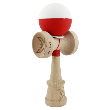 Kendama - Kendama X Originala, Profesionala, Flippy, Rubber Grip, Cupe Mari KING SIZE V3, Gaura in Baza, Rulment Metalic, din lemn 18 cm, Ata 62/65 cm, Bicolor Alb/Rosu