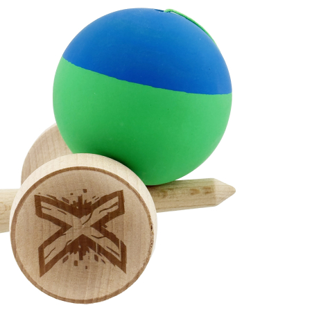 Kendama X Originala, Profesionala, Flippy, Rubber Grip, Cupe Mari KING SIZE V3, Gaura in Baza, Rulment Metalic, din lemn 18 cm, Ata 62/65 cm, Bicolor Albastru/Verde [8]