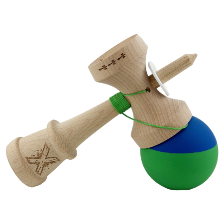 Kendama X Originala, Profesionala, Flippy, Rubber Grip, Cupe Mari KING SIZE V3, Gaura in Baza, Rulment Metalic, din lemn 18 cm, Ata 62/65 cm, Bicolor Albastru/Verde [4]