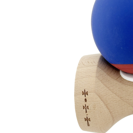 Kendama X Originala, Profesionala, Flippy, Rubber Grip, Cupe Mari KING SIZE V3, Gaura in Baza, Rulment Metalic, din lemn 18 cm, Ata 62/65 cm, Bicolor Albastru inchis/Rosu [7]