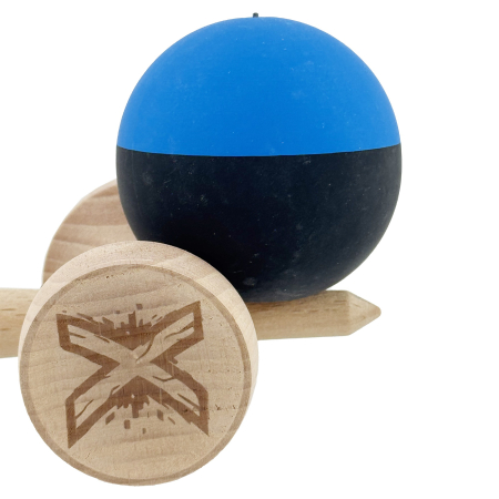 Kendama X Originala, Profesionala, Flippy, Rubber Grip, Cupe Mari KING SIZE V3, Gaura in Baza, Rulment Metalic, din lemn 18 cm, Ata 62/65 cm, Bicolor Albastru/Negru [8]