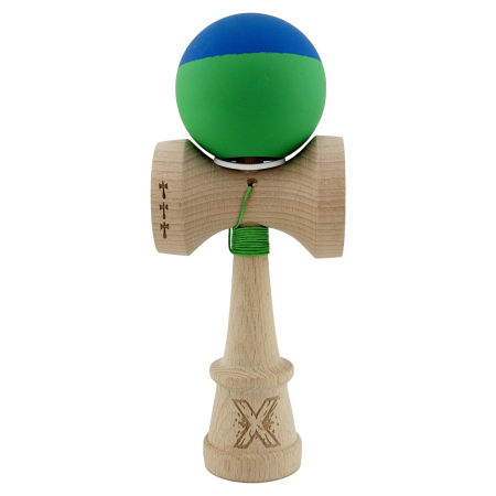 Kendama X Originala, Profesionala, Flippy, Rubber Grip, Cupe Mari KING SIZE V3, Gaura in Baza, Rulment Metalic, din lemn 18 cm, Ata 62/65 cm, Bicolor Albastru/Verde [1]