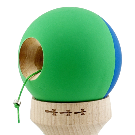 Kendama X Originala, Profesionala, Flippy, Rubber Grip, Cupe Mari KING SIZE V3, Gaura in Baza, Rulment Metalic, din lemn 18 cm, Ata 62/65 cm, Bicolor Albastru/Verde [6]