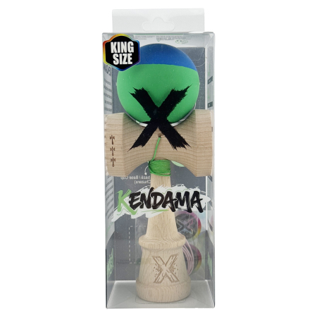 Kendama X Originala, Profesionala, Flippy, Rubber Grip, Cupe Mari KING SIZE V3, Gaura in Baza, Rulment Metalic, din lemn 18 cm, Ata 62/65 cm, Bicolor Albastru/Verde [5]