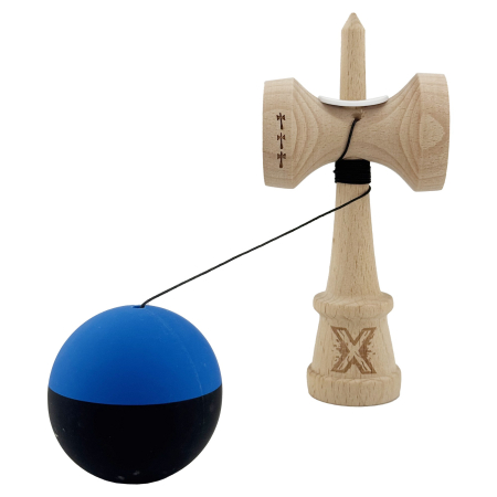 Kendama X Originala, Profesionala, Flippy, Rubber Grip, Cupe Mari KING SIZE V3, Gaura in Baza, Rulment Metalic, din lemn 18 cm, Ata 62/65 cm, Bicolor Albastru/Negru [3]