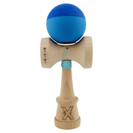 Kendama X Originala, Profesionala, Flippy, Rubber Grip, Cupe Mari KING SIZE V3, Gaura in Baza, Rulment Metalic, din lemn 18 cm, Ata 62/65 cm, Bicolor Albastru/Albastru deschis [1]