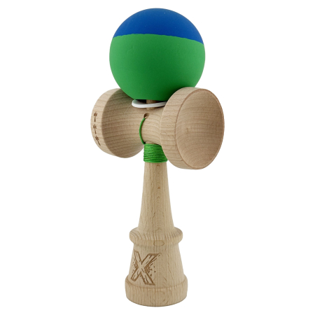 Kendama X Originala, Profesionala, Flippy, Rubber Grip, Cupe Mari KING SIZE V3, Gaura in Baza, Rulment Metalic, din lemn 18 cm, Ata 62/65 cm, Bicolor Albastru/Verde [2]