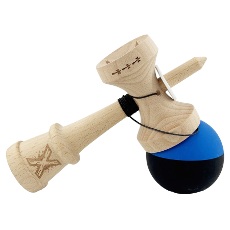 Kendama X Originala, Profesionala, Flippy, Rubber Grip, Cupe Mari KING SIZE V3, Gaura in Baza, Rulment Metalic, din lemn 18 cm, Ata 62/65 cm, Bicolor Albastru/Negru [4]