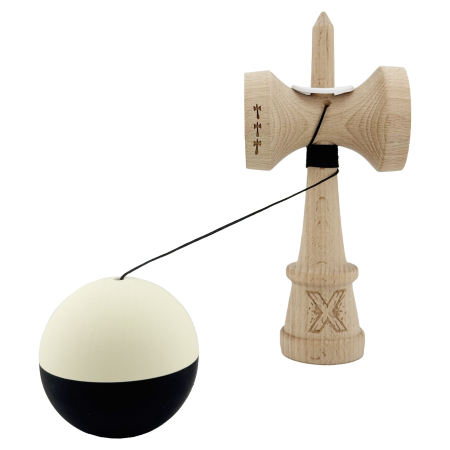 Kendama X Originala, Profesionala, Flippy, Rubber Grip, Cupe Mari KING SIZE V3, Gaura in Baza, Rulment Metalic, din lemn 18 cm, Ata 62/65 cm, Bicolor Galben/Negru [3]