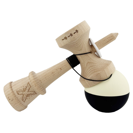Kendama X Originala, Profesionala, Flippy, Rubber Grip, Cupe Mari KING SIZE V3, Gaura in Baza, Rulment Metalic, din lemn 18 cm, Ata 62/65 cm, Bicolor Galben/Negru [4]