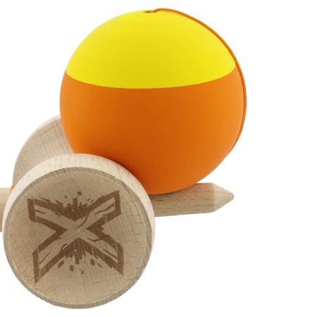 Kendama X Originala, Profesionala, Flippy, Rubber Grip, Cupe Mari KING SIZE V3, Gaura in Baza, Rulment Metalic, din lemn 18 cm, Ata 62/65 cm, Bicolor Galben/Portocaliu [8]