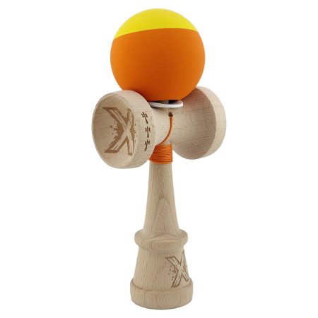 Kendama - Kendama X Originala, Profesionala, Flippy, Rubber Grip, Cupe Mari KING SIZE V3, Gaura in Baza, Rulment Metalic, din lemn 18 cm, Ata 62/65 cm, Bicolor Galben/Portocaliu