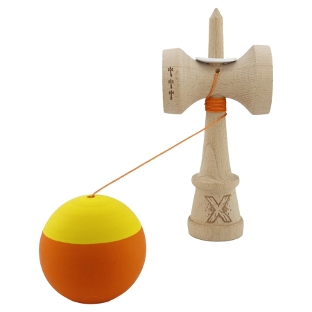 Kendama X Originala, Profesionala, Flippy, Rubber Grip, Cupe Mari KING SIZE V3, Gaura in Baza, Rulment Metalic, din lemn 18 cm, Ata 62/65 cm, Bicolor Galben/Portocaliu [3]